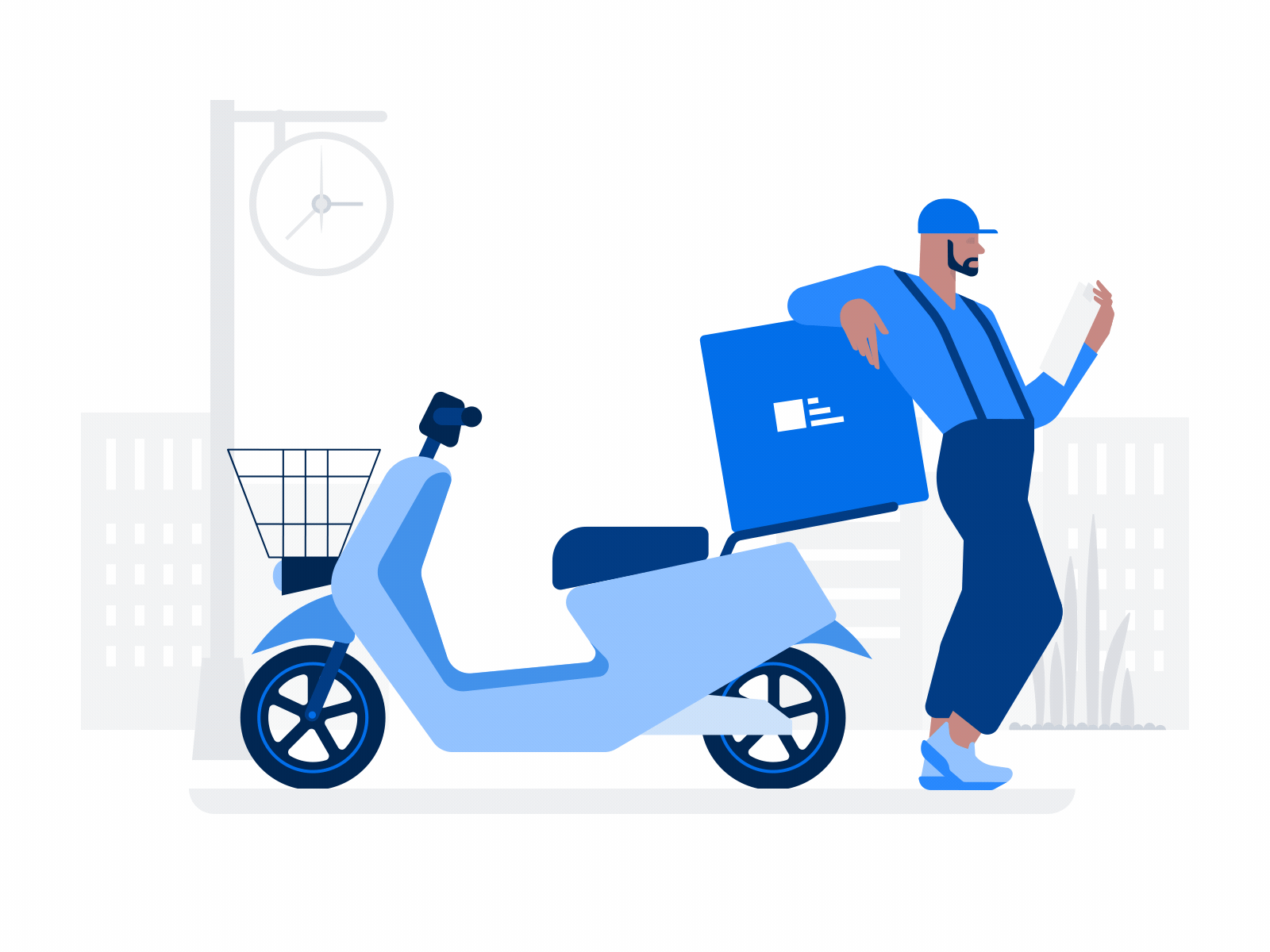 Deliveryman standing near a moped 2d animation bike box city courier delivery deliveryman driver express illustration job man moped motion graphics package scooter service vehicle work