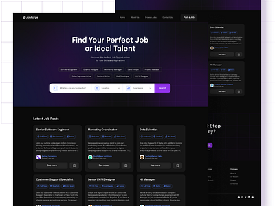 JobForge - Job Search Platform card ui dailyui darktheme figma gradient hiring page hiringplaform job listing jobsearch purple ui ux web design