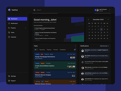 TaskFlow - Dashboard Design Exploration admin panel dark mode dashboard design desktop project management schedule task management ui uiux upscalix ux