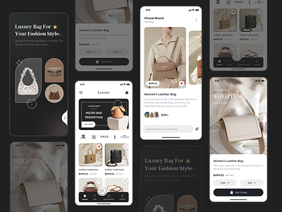 ECommerce App Concept For Ladies Bag 3d add to cart screen animation application design bottom menu branding card design ecommerce application fashionforwardpurses graphic design home screen logo luxuryladiesbags motion graphics product detail page splash screen trending application design ui