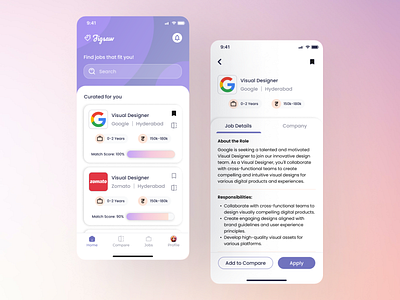 Jigsaw - Job Finding Mobile App app design figma find job home page home screen job job app job compare job finder job finding app job tracker listing mobile app mobile design product design ui ui design user interface ux ux design