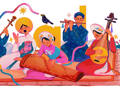 Traditional Music 2d camelia pham character culture digital folioart google doodle illustration music vietnam web