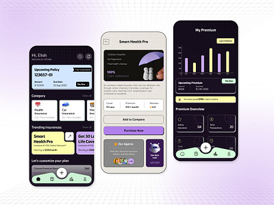 InShield: A Seamless Insurance App application bottomnavigation chart claim design graphic design illustration insurance insuranceapp latest mobile neobrutalism pay policy popcolors premium trending ui uiux vibrant