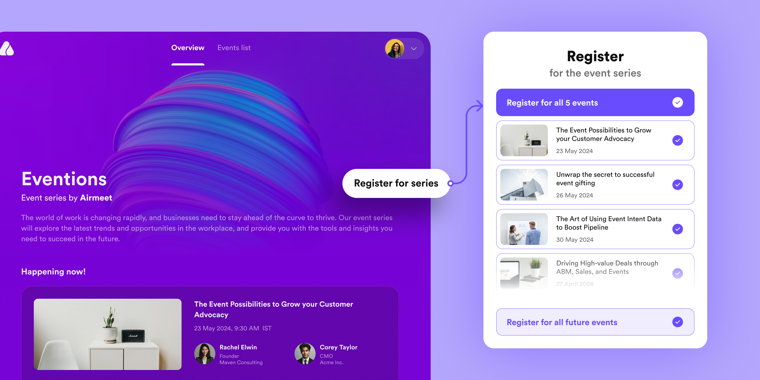 Event series: Registering for all events app branding design episodes event list minimal register select all series ui white