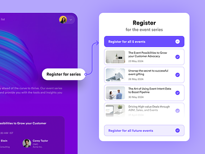 Event series: Registering for all events app branding design episodes event list minimal register select all series ui white