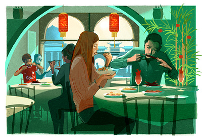 Restaurant Reviews 2d alex green digital editorial folioart food illustration people restaurant scenes