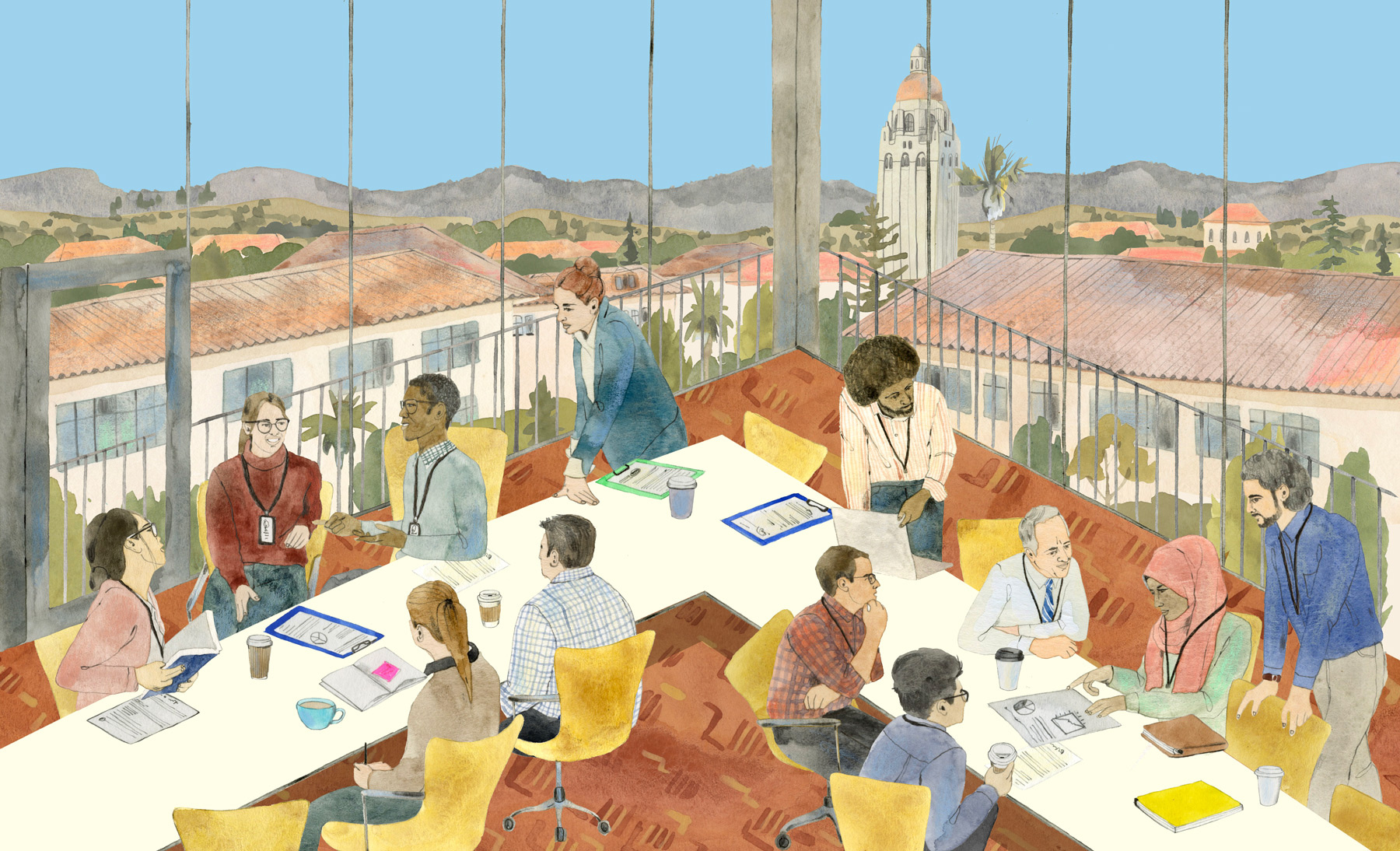 Conference Room 2d character digital editorial folioart illustration kate evans landscape painting people scene students watercolour