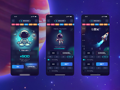 Interstellar Art and UI design for the space-themed game astronaut aviator betting crypto game galaxy gambling illustation mobile game online games pilot planets rocket space space themed spacerocket ui ui design uiux