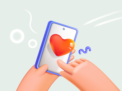 Hand holding mobile phone with red heart icon. 3d branding cartoon cute design finger hand heart icon illustration mark phone shape ui valentine