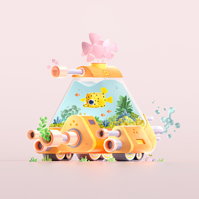 Yellow Fish Tank 🐠 2d 3d animation blender branding c4d colors cute design graphic illustration shape