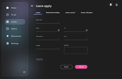 Employee Leave Apply dark leave apply ui