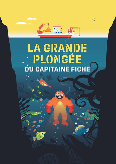 La Grande Plongée du Capitaine Fiche abyss book cover children books design fishs graphic design octopus scaphandre tuna vect vector