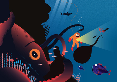 La Grande Plongée du Capitaine Fiche, Le calamar géant abyss calamar graphic design illustration octopus vector