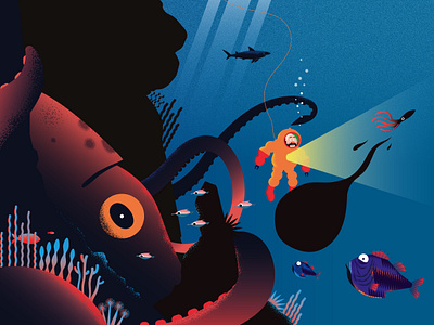 La Grande Plongée du Capitaine Fiche, Le calamar géant abyss calamar graphic design illustration octopus vector