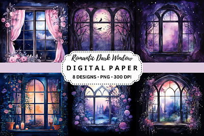 Romantic Dark Window Digital Paper tumbler wrap