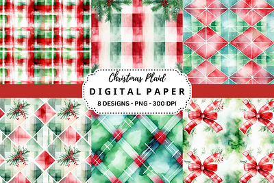 Christmas Plaid Watercolor Digital Paper commercial use art