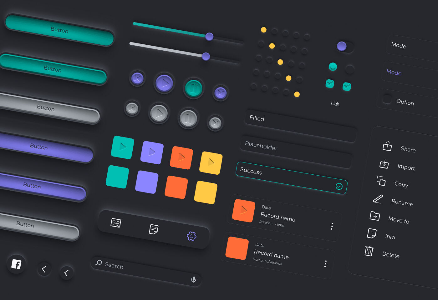 HearU — UI Elements Animation 3d interface animation app application button dark mode design icons inputs interaction mobile motion neon colors neumorphism pause play record system ui kit user interface