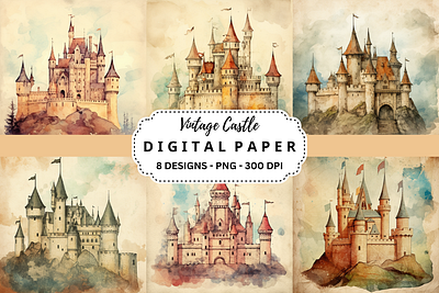 Vintage Castle Watercolor Digital Paper tumbler wrap