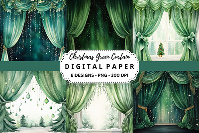 Christmas Green Curtain Digital Paper tumbler wrap