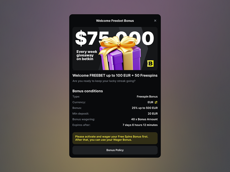 Betkin - Free Bet Bonus Modal Window 3d icon bonus card ui casino casino games conditions crypto casino free bet gambling game gaming gift igaming modal ui online casino promotion slots ui element