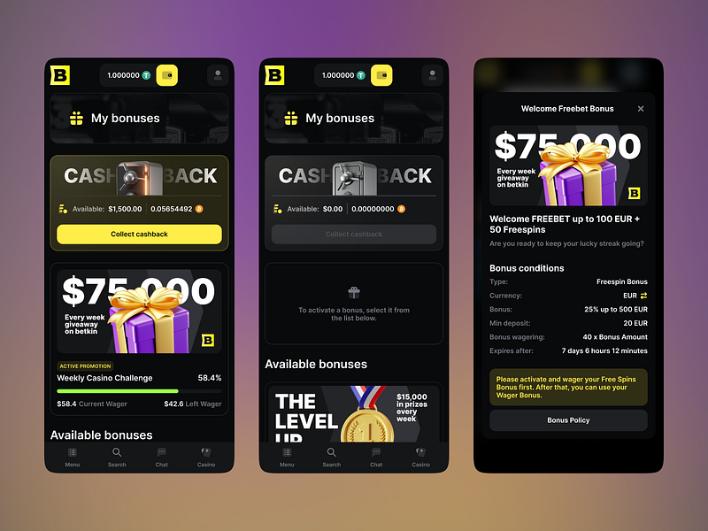 Betkin - Online Casino Mobile Screens 3d icons bonus card ui cashback casino casino games crypto casino gambling game gaming igaming mobile casino modal online casino promotion