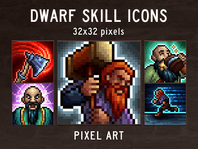 Dwarf Skills 32×32 Icon Pack 2d 32x32 art asset assets fantasy game game assets gamedev icon icons illustration indie indie game mmo mmorpg rpg skill skills ui