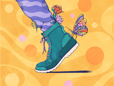 Hitching a Ride illustration boots butterflies colorful flowers halftone hiking hitching a ride illustration linework livelyscout personal illustration procreate retrostyle swirls texture