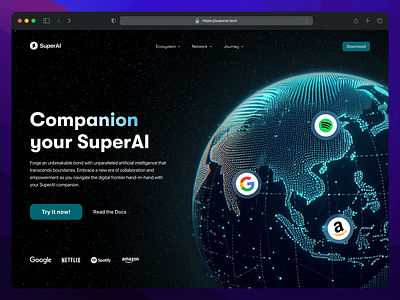 SuperAI Landing page design animation branding dark dark futuristic design hologram holographic interactive modern design ui vector