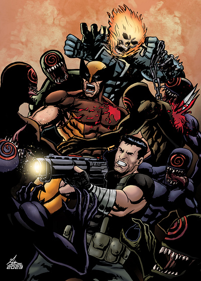 Punisher, Wolverine & Ghost Rider artist artwork character character illustration comic artist comic style concept design drawing ghost rider illustration inking lineart marvel comic mayhem monster punisher sketch team up wolverine