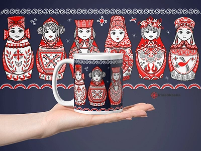 Matryoshka dolls in Mezen style folk art matryoshka doll mezen mug design red russian ornament vector illustration матрешка