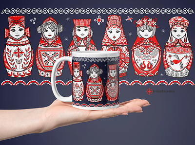 Matryoshka dolls in Mezen style folk art matryoshka doll mezen mug design red russian ornament vector illustration матрешка