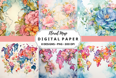 Floral Map Watercolor Digital Paper tumbler wrap