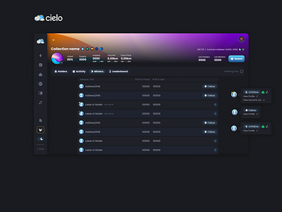 Cielo: CICD Product Design - NFT Collections Analytics #2 analytics blockchain ethereum feature page followers lists minters nfts product design tables tabs ui