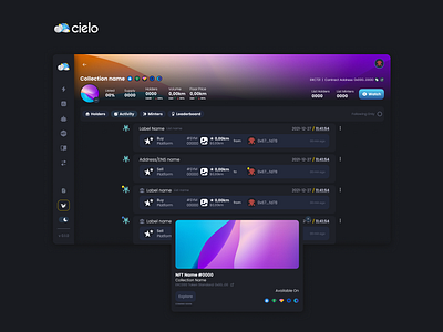 Cielo: CICD Product Design - NFT Collections Analytics #3 analytics blockchain cicd ethereum feed feed dashboard lists nfts product design social media tables ui ui design