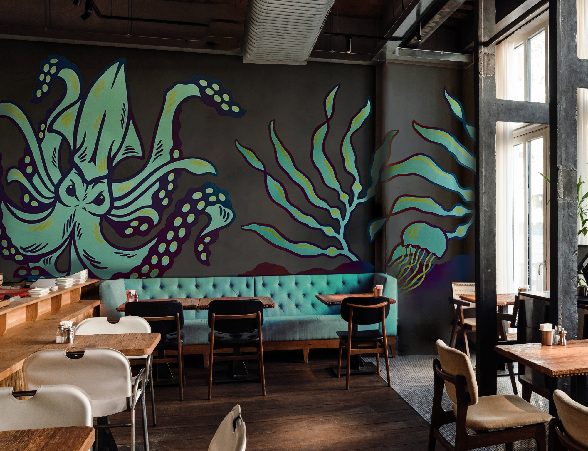 Mural Design + Illustration for Coffee Shop branded mural branding design coffee branding coffee shop illustration mural design new york design print design restaurant branding