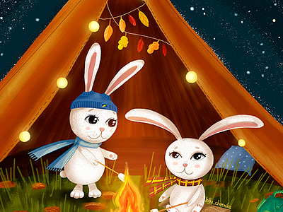 Warm tent backpack bunniesillustrated character design childrens illustration coziness fire forest illustration rabbitsillustration starry sky tent