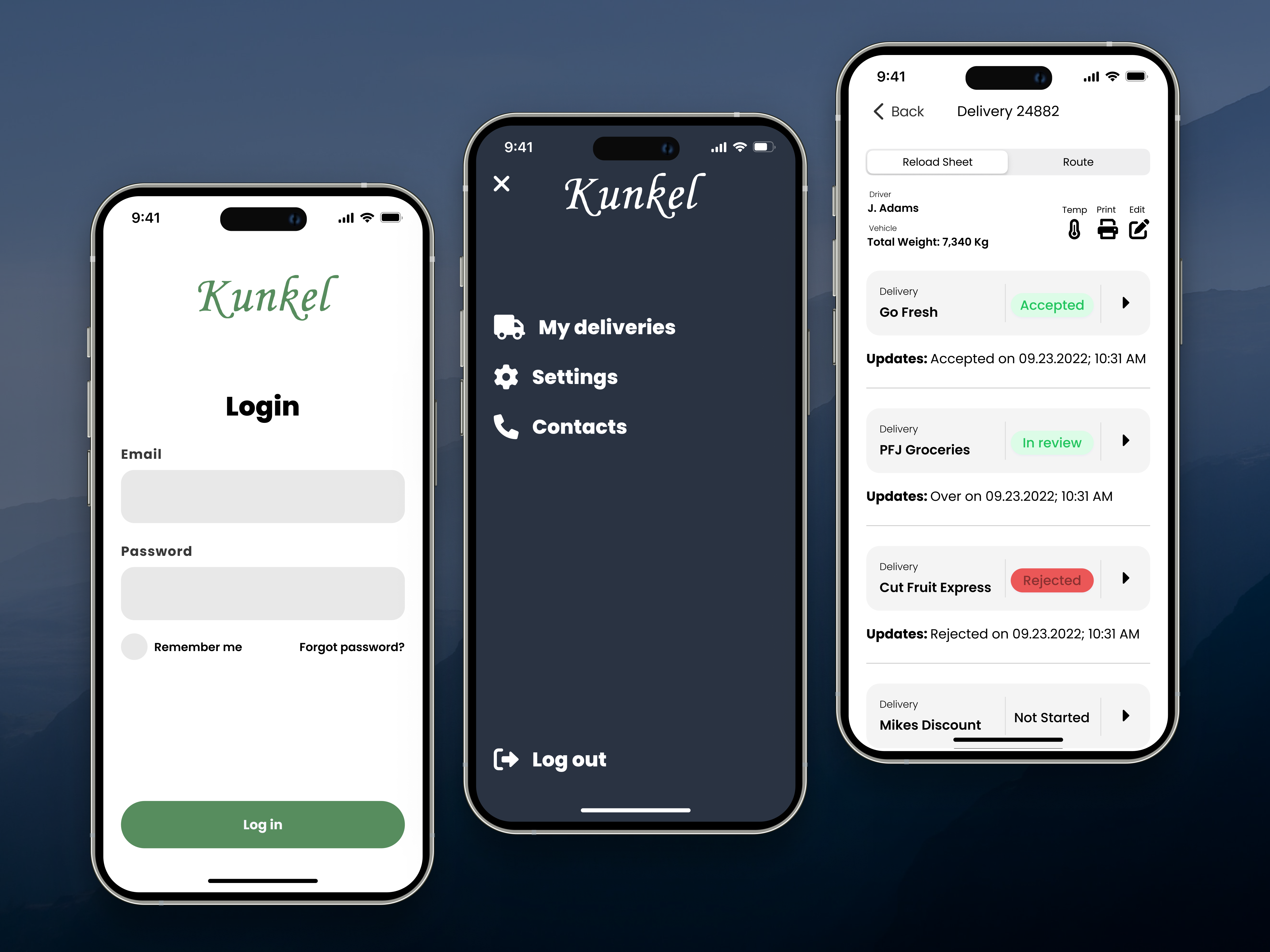 Kunkel - truck driver's delivery tracking app courier app delivery app food app foodie app grocery delivery mvp online grocery truck driver truck driver app uber web app web design