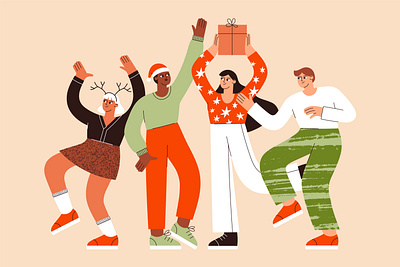 People celebrating Christmas boy celebration character christmas diversity flat friends girl graphic design illustration man new year party people ui vector woman