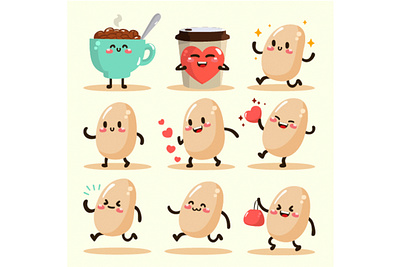 Funny Cute Happy Bean Characters Illustration bean brown character clip art coffee food illustration plant protein seed vector vegetable