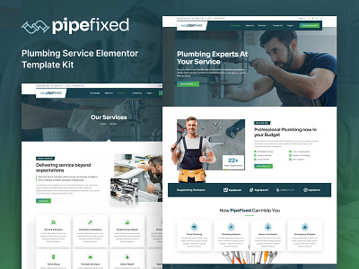Pipefixed - Plumbing Service Elementor Template Kit blue company constuction creative drag and drop elementor elementor kit graphic design green light template modern pipe works plumbing responsive service template kit ui ux design viral web design website theme