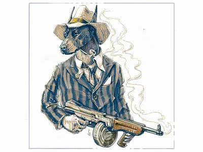 Signor Amadeus? Signor Salieri sends his regards character character design design doberman dog drawing etching graphic hound illustration ink mafia mobster tommy gun