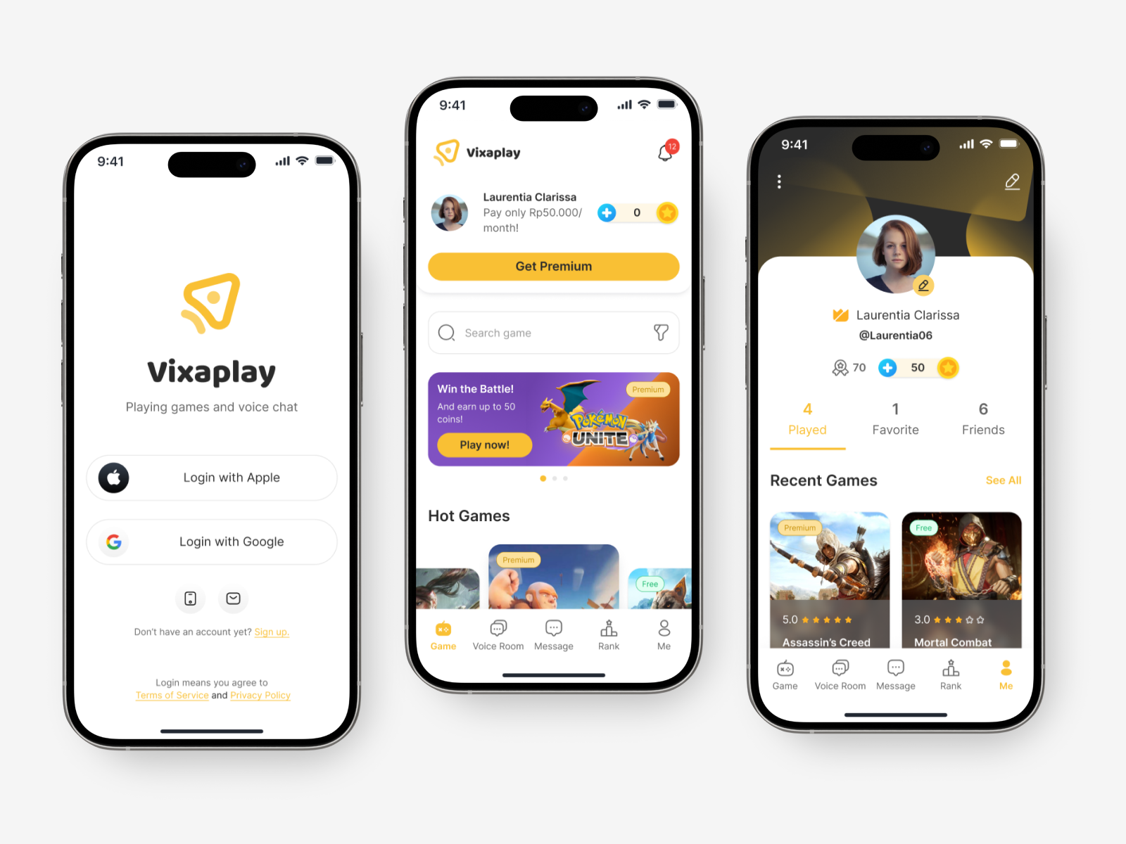 VIXA Play - Game Portal Mobile App UI Kit app design character chat clean concept friends game game ui games gaming illustration light mode mobile mobile app stream ui ui8 uiux ux yellow
