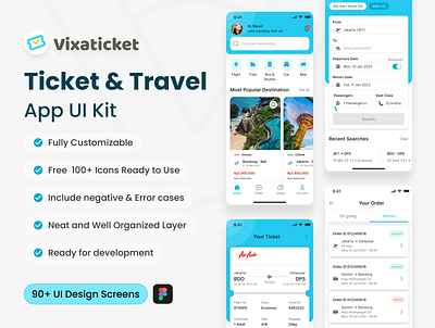 VIXA Ticket - Ticket & Travel Mobile App UI Kit app design blue booking app card clean light mode mobile mobile app pass ticket ticket app tourism travel travel agency travel app traveling trip ui uiux ux