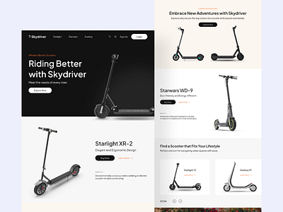 Skydriver - Scooter Website automotive black theme branding bycicle case study driver e commerce graphic design landing page riding scooter ui design uiux ux design website