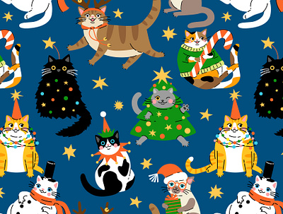 Christmas cats pattern abstract cartoon cat christmas cute design flat funny geometric illustration kitty outfit pattern seamless