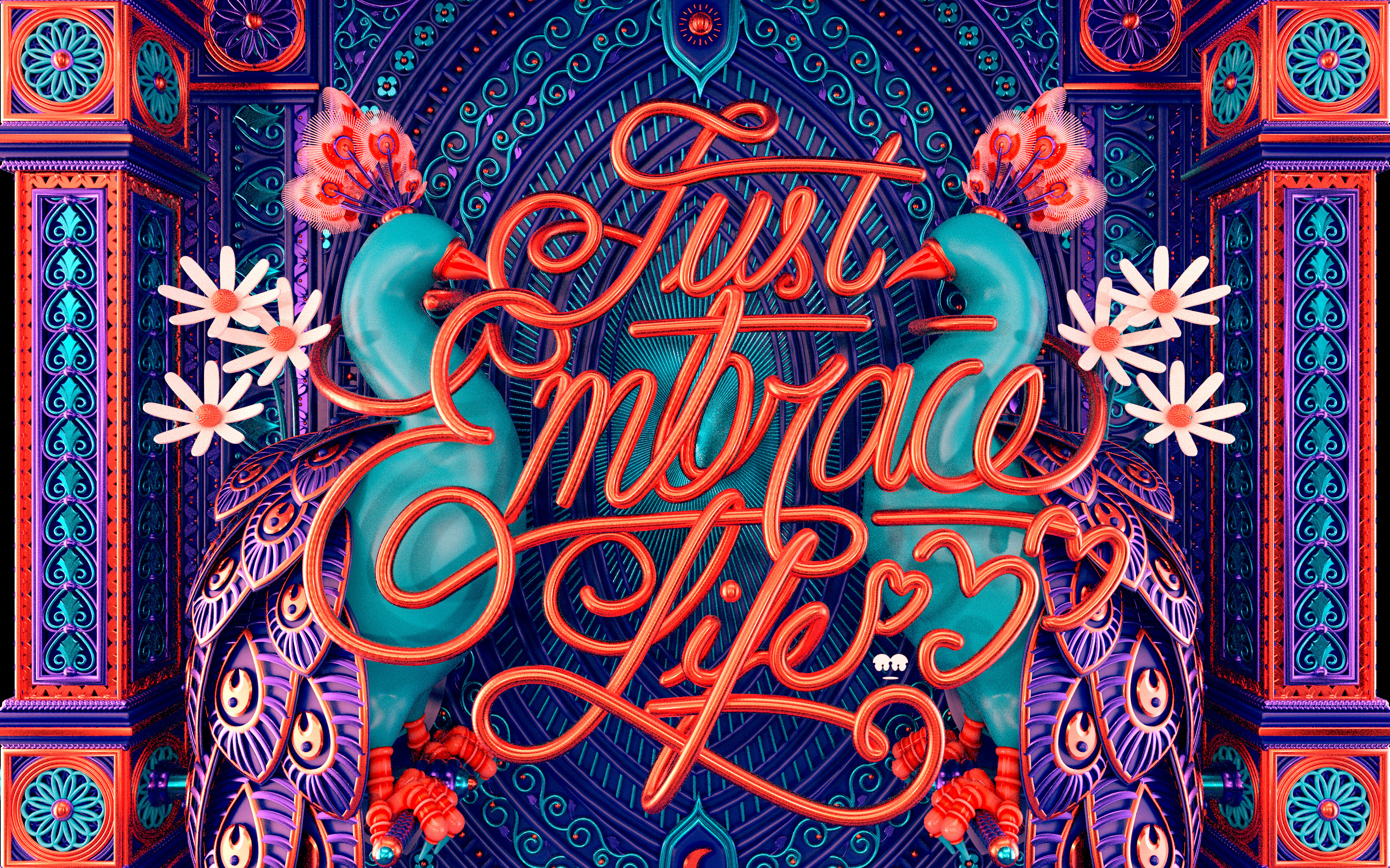 Hindu - Just Embrace Life 3d 3d modeling altar beauty c4d cinema 4d clean design digital art elegant flowers graphic graphic design hindu icon illustration lettering logo peacock typography