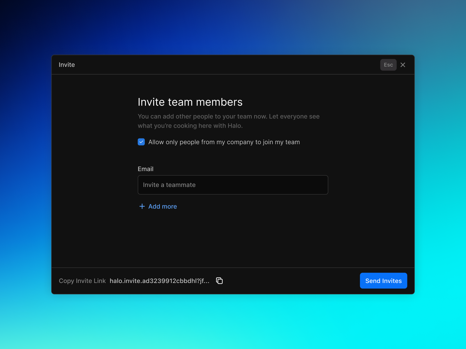 Invite Team Members - Modal Interaction aesthetic design artificial intelligence components dark mode product design saas application ui ux design visual design