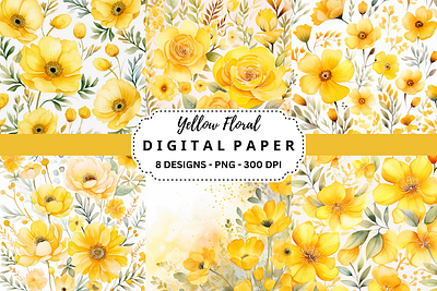 Yellow Floral Watercolor Digital Paper tumbler wrap