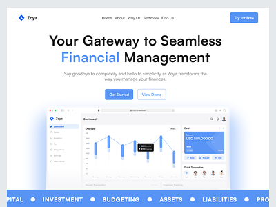 Zoya - Finance Landing Page bank e wallet finance finance landing page finance website financial fintech fintech landing page landing page money save saving transaction transfer wallet web design