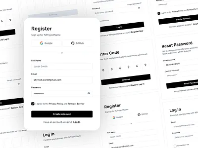Registration Flow UI black clean colors design field flat form login minimalist modal registration signup spacings typography ui uikit ux white